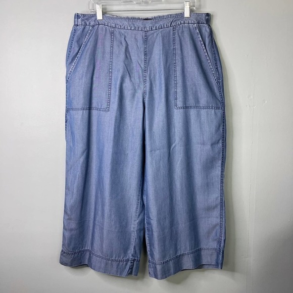 Dkny Cropped Wide Leg Pull On Chambray 100% Lyocell Pants Indigo Women's Size L - Picture 1 of 16